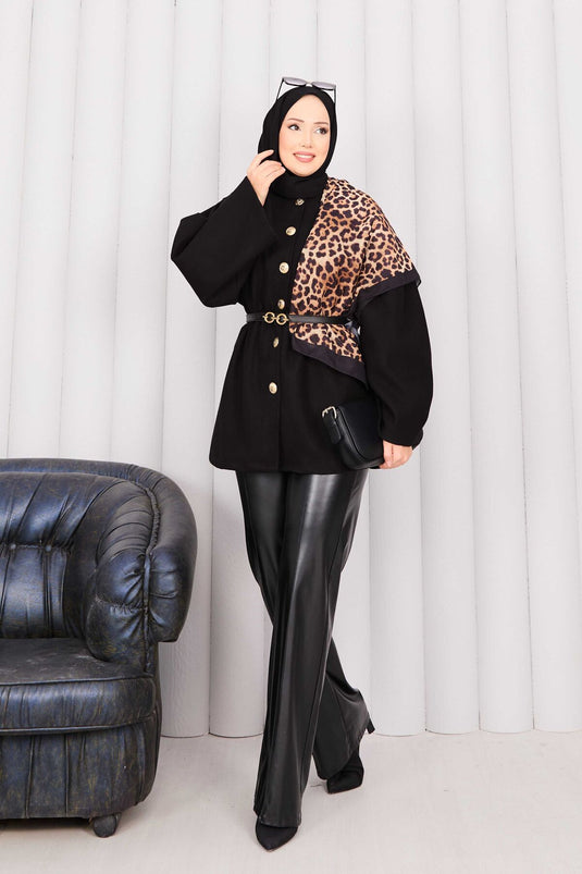 Gold Buttoned Waist Pleated Cashmere Cape Black