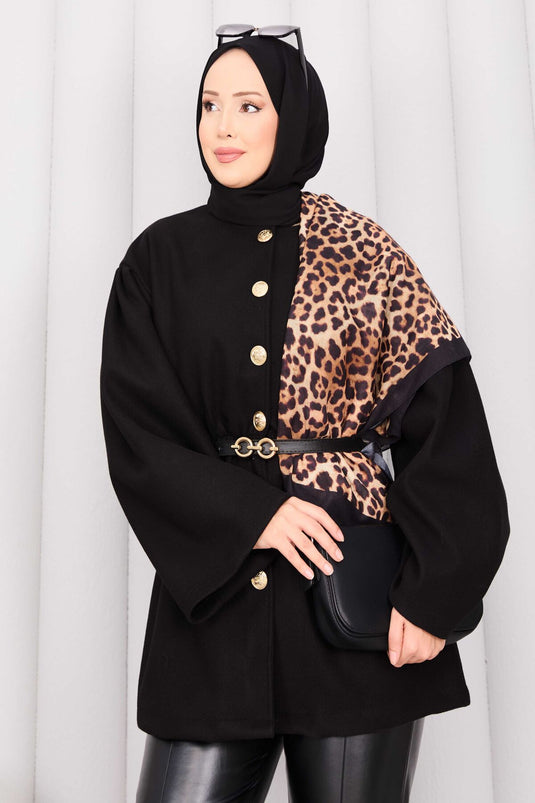 Gold Buttoned Waist Pleated Cashmere Cape Black