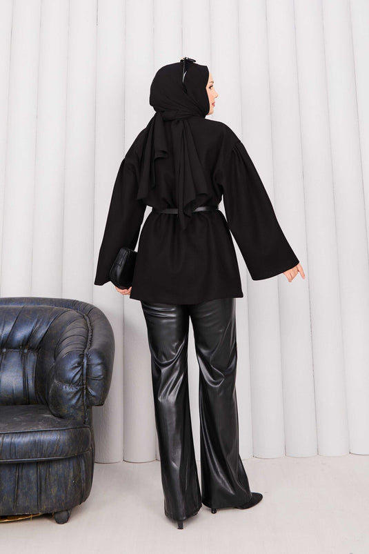 Gold Buttoned Waist Pleated Cashmere Cape Black