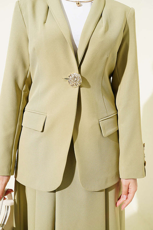 Ensemble jupe et blazer à boutons dorés, vert avocat