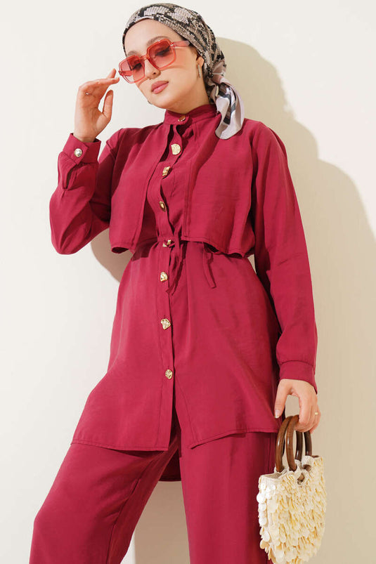 Ensemble deux pièces en Tencel avec boutons dorés et boléro, rose pâle