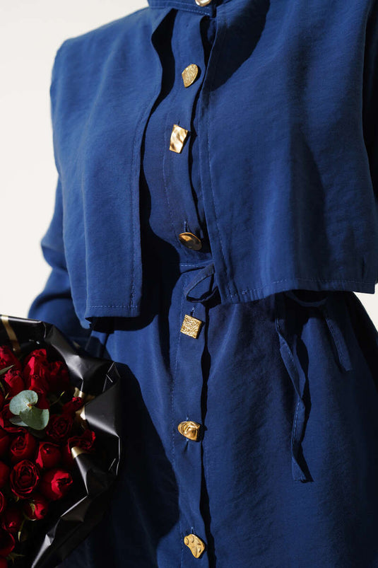 Gold Düğmeli Bolerolu Tencel İkili Takım İndigo