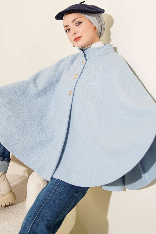 Gold Düğmeli Buklet Panço Bebe Mavi