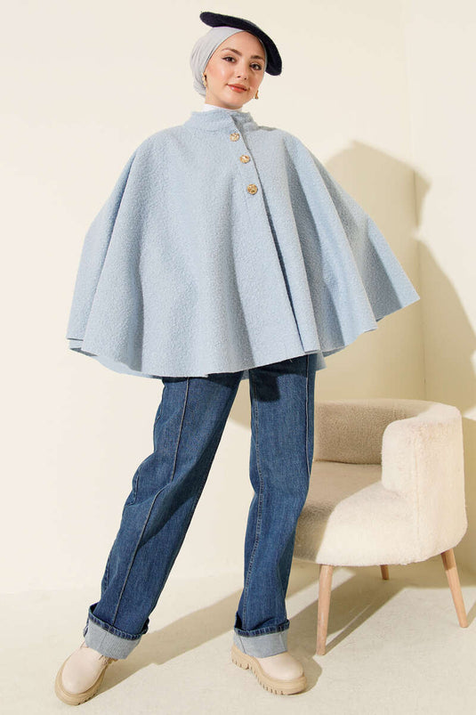 Gold Düğmeli Buklet Panço Bebe Mavi