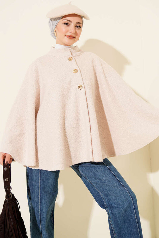 Gold Düğmeli Buklet Panço Bej