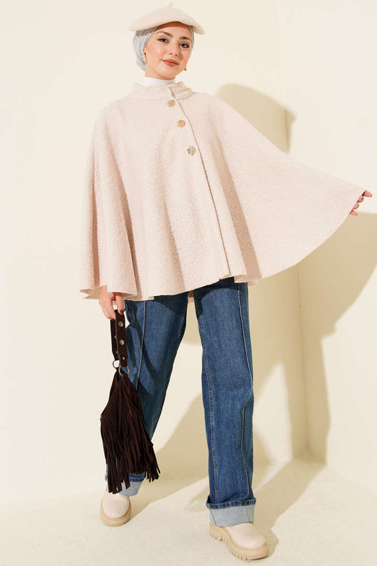 Gold Düğmeli Buklet Panço Bej