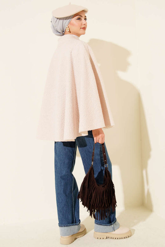 Gold Düğmeli Buklet Panço Bej