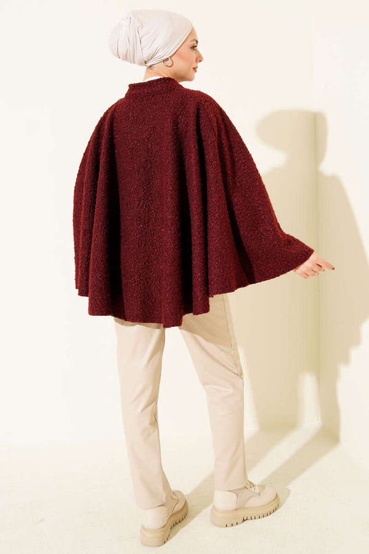 Gold Düğmeli Buklet Panço Bordo