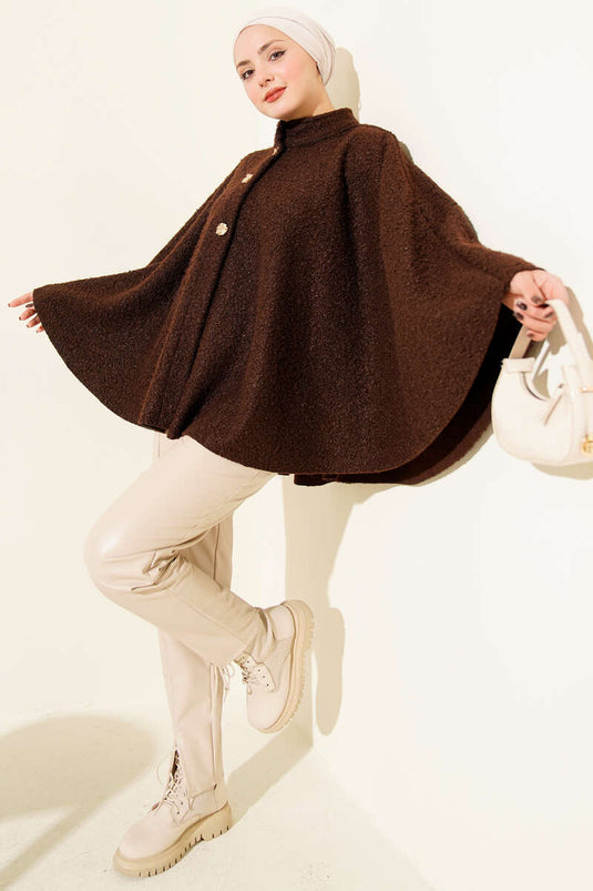 Gold Düğmeli Buklet Panço Kahve