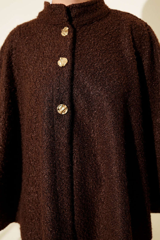Brown Bouclé Poncho with Gold Buttons