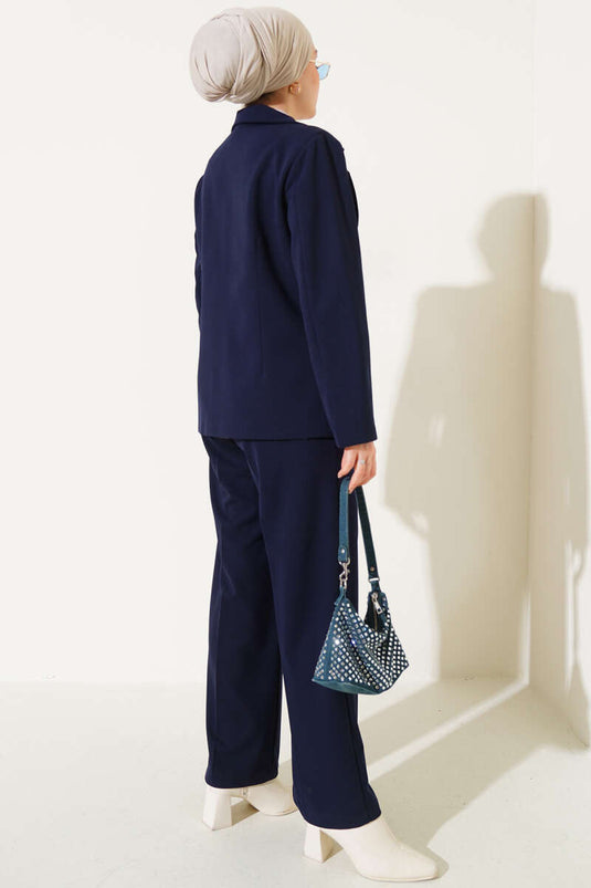 Navy Blue Two-Piece Set with Gold Buttoned Jacket