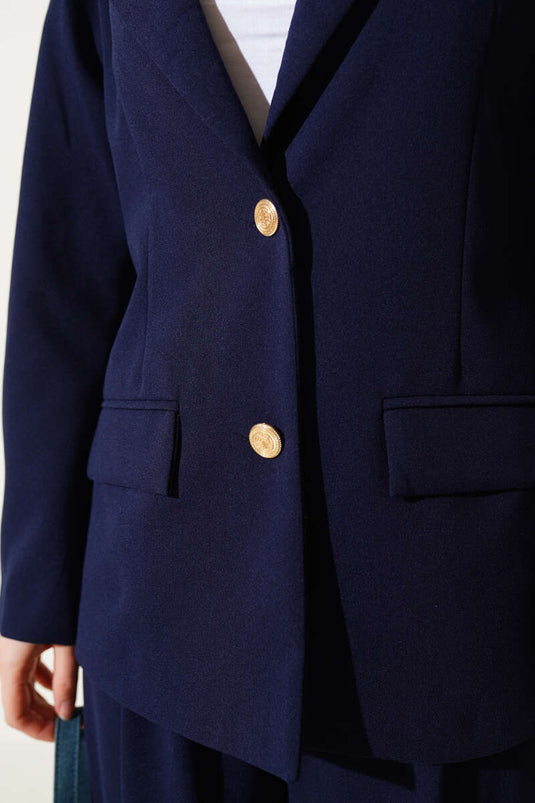 Navy Blue Two-Piece Set with Gold Buttoned Jacket