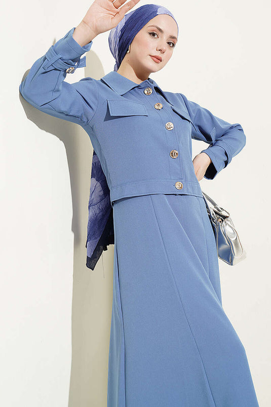 Ensemble robe salopette avec veste à boutons dorés Indigo