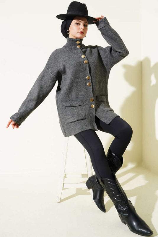 Gilet En Maille À Boutons Dorés Et Poches, Gris Fumé