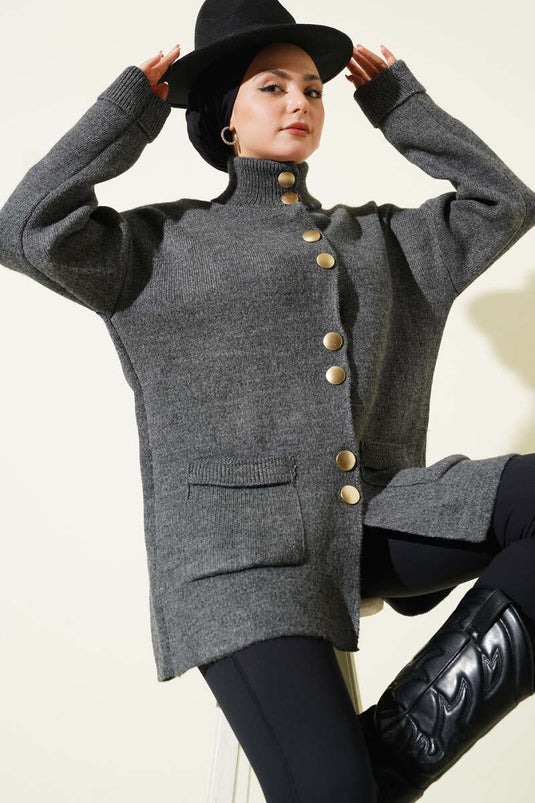 Gilet En Maille À Boutons Dorés Et Poches, Gris Fumé
