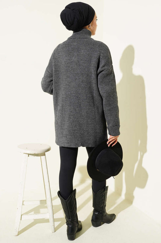 Gilet En Maille À Boutons Dorés Et Poches, Gris Fumé