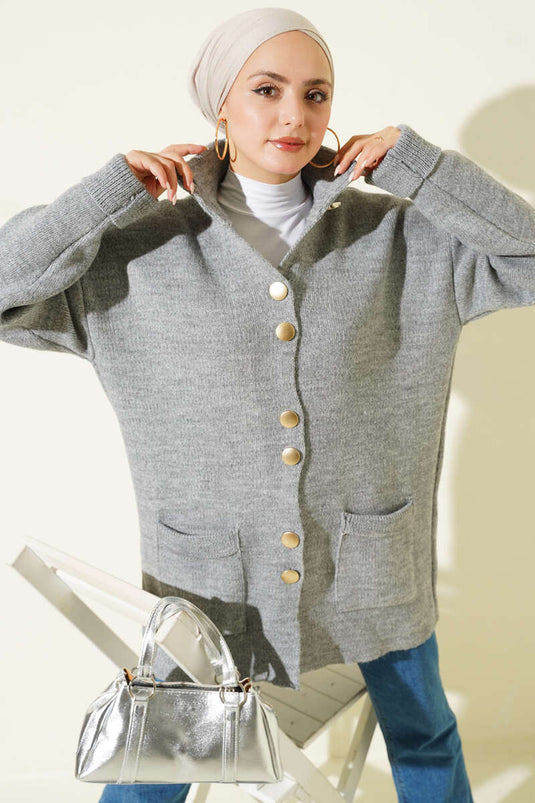Gilet En Maille À Boutons Dorés Et Poches Gris