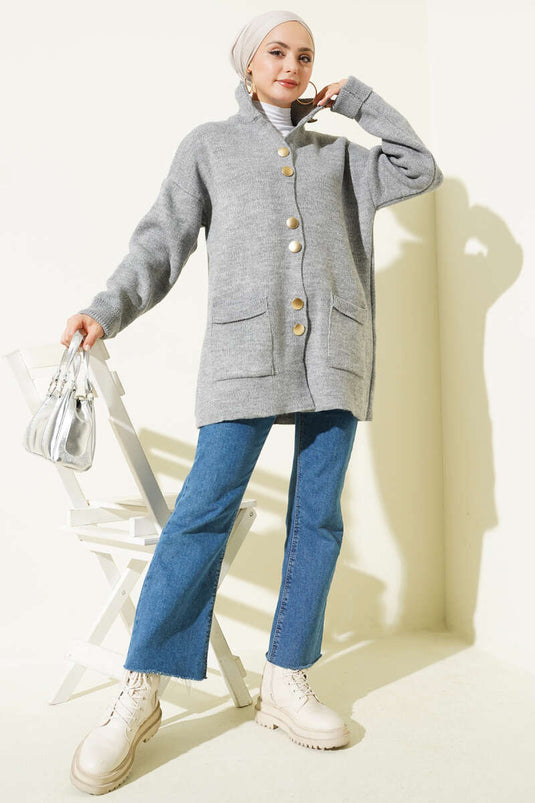 Gilet En Maille À Boutons Dorés Et Poches Gris