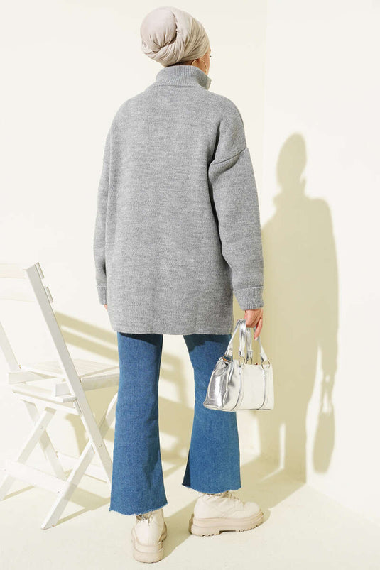 Gilet En Maille À Boutons Dorés Et Poches Gris