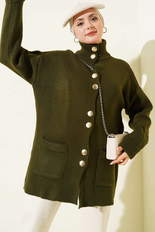 Gold Düğmeli Cepli Triko Hırka Haki