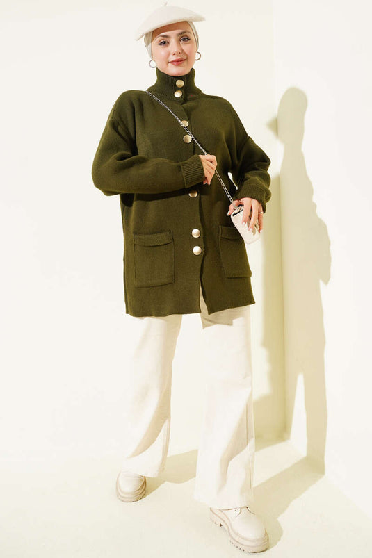 Gold Düğmeli Cepli Triko Hırka Haki