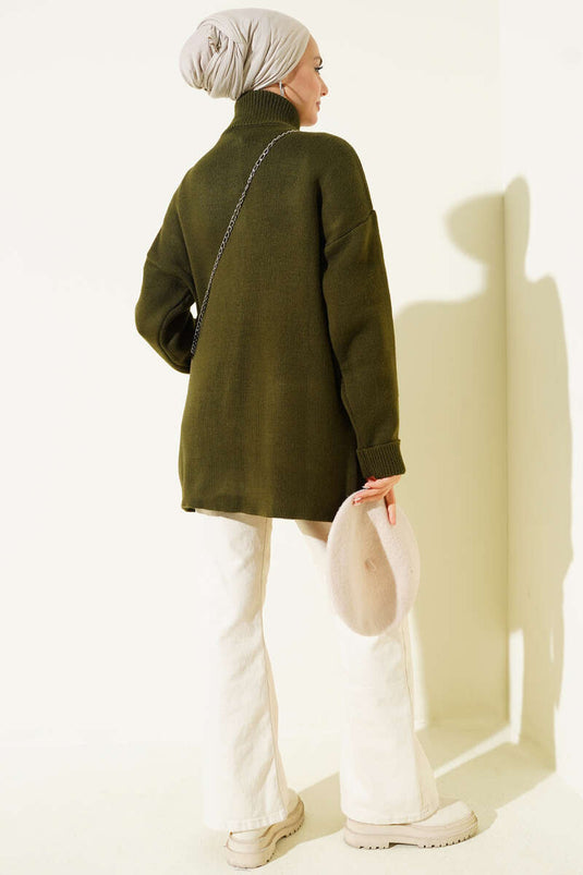 Gold Düğmeli Cepli Triko Hırka Haki