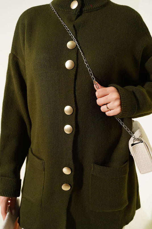 Gold Düğmeli Cepli Triko Hırka Haki