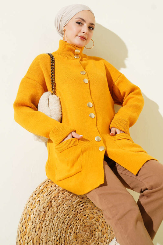 Gold Düğmeli Cepli Triko Hırka Hardal