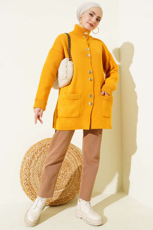 Gold Düğmeli Cepli Triko Hırka Hardal