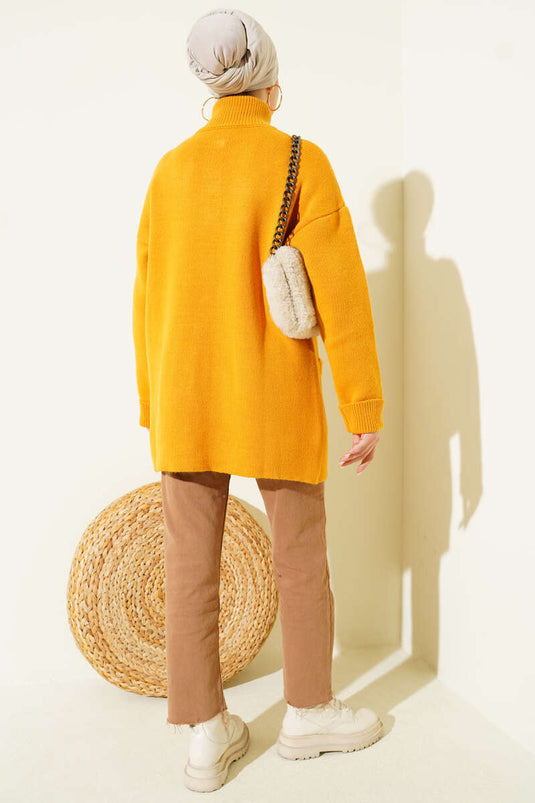 Gold Düğmeli Cepli Triko Hırka Hardal