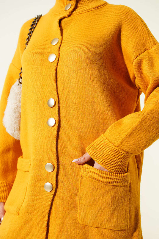 Gold Düğmeli Cepli Triko Hırka Hardal