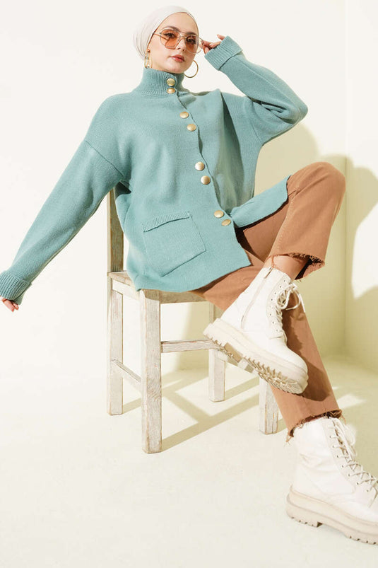 Cardigan en tricot avec poches et boutons dorés, couleur vert menthe