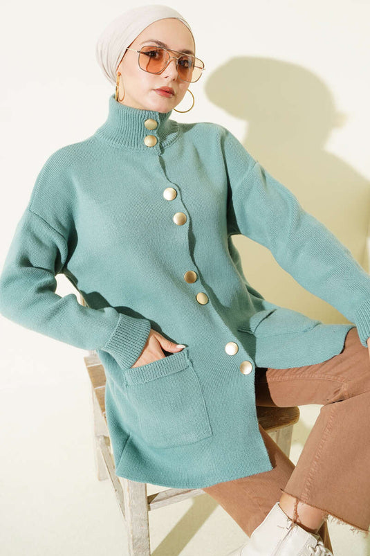 Cardigan en tricot avec poches et boutons dorés, couleur vert menthe