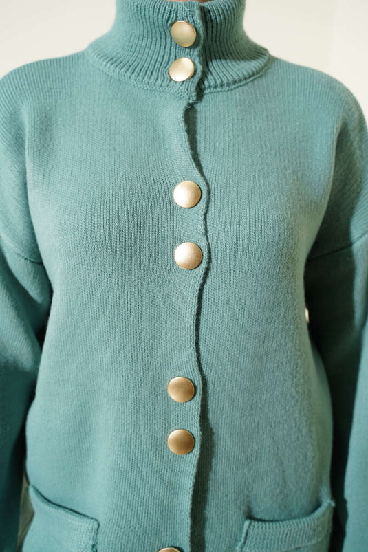 Cardigan en tricot avec poches et boutons dorés, couleur vert menthe