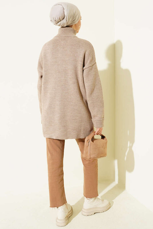 Cardigan In Maglia Con Bottoni Dorati E Tasche Color Mink