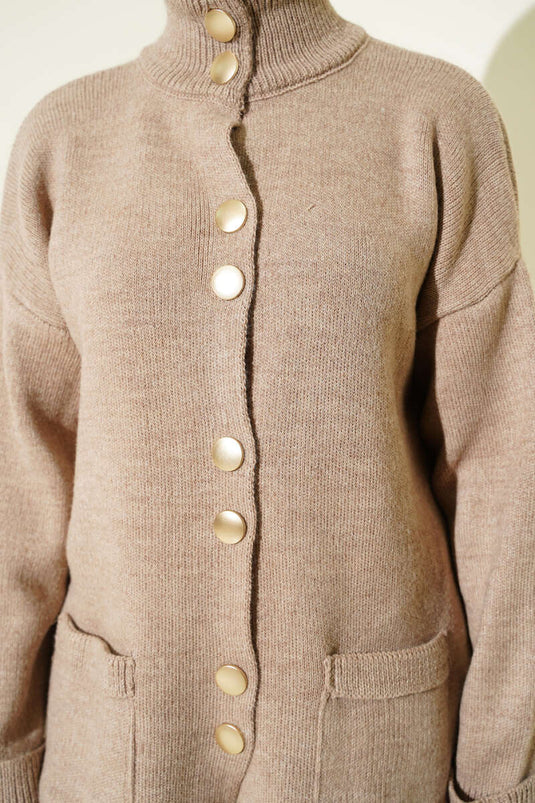 Cardigan In Maglia Con Bottoni Dorati E Tasche Color Mink