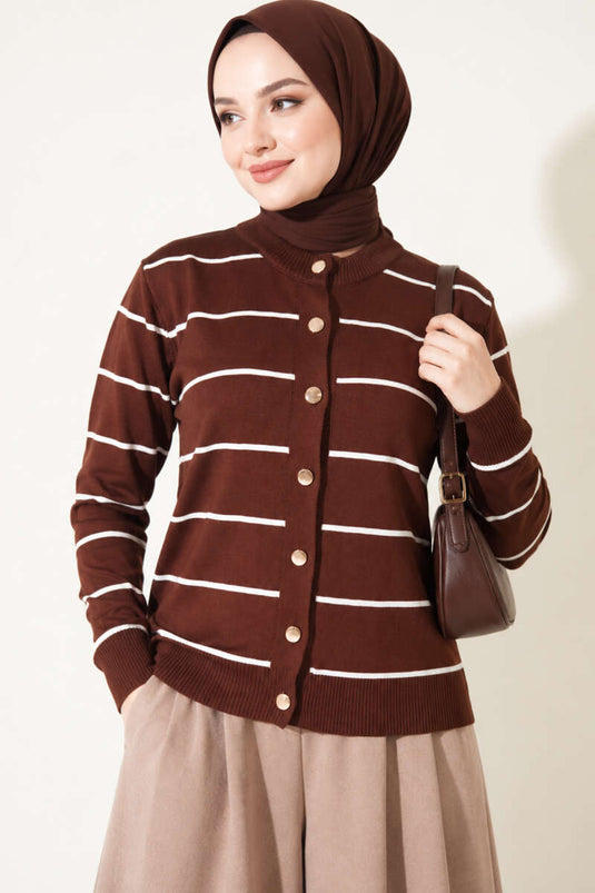 Gold Buttoned Striped Mercerized Cardigan Chestnut