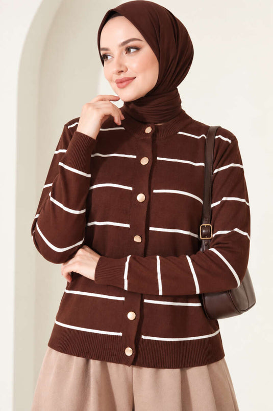 Gold Buttoned Striped Mercerized Cardigan Chestnut