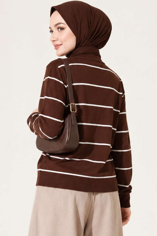 Gold Buttoned Striped Mercerized Cardigan Chestnut