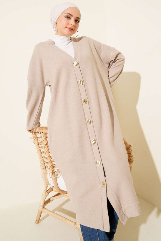 Gold Düğmeli Fitilli Kaşe Hırka Bej