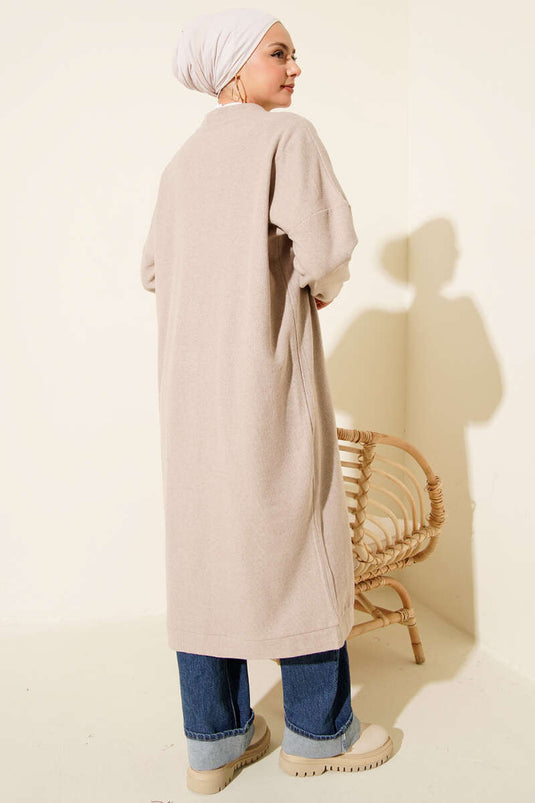 Gold Düğmeli Fitilli Kaşe Hırka Bej