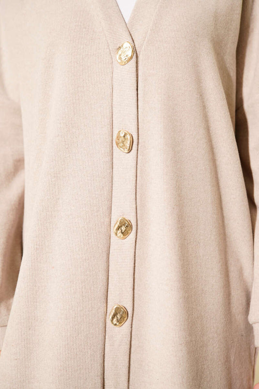 Gold Düğmeli Fitilli Kaşe Hırka Bej