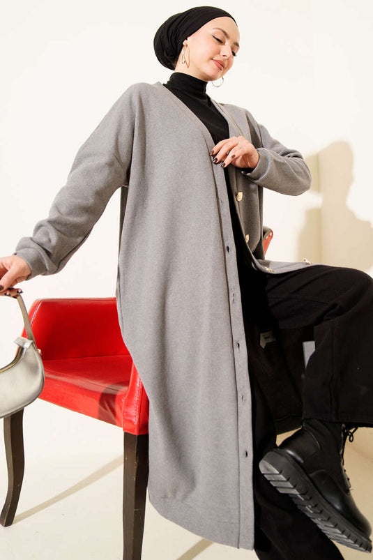 Gold Düğmeli Fitilli Kaşe Hırka Gri