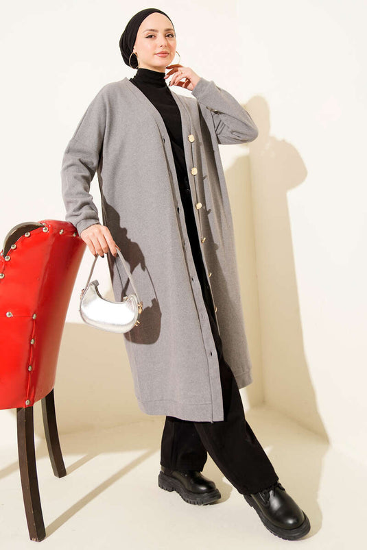 Gold Düğmeli Fitilli Kaşe Hırka Gri