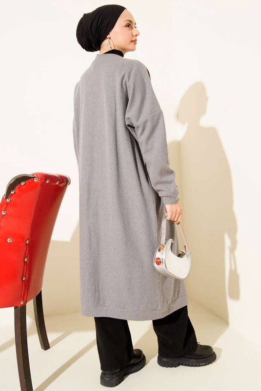 Gold Düğmeli Fitilli Kaşe Hırka Gri