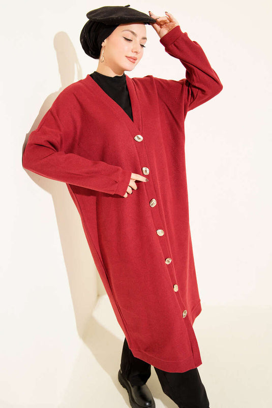 كارديجان من الكشمير المخملي بأزرار ذهبية، أحمر