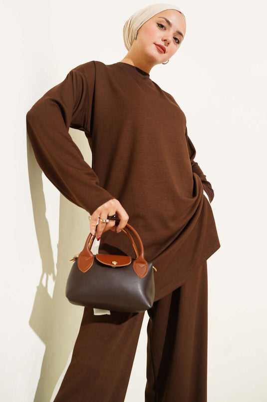 Gold Düğmeli Garnili Loyşa İkili Takım Kahve