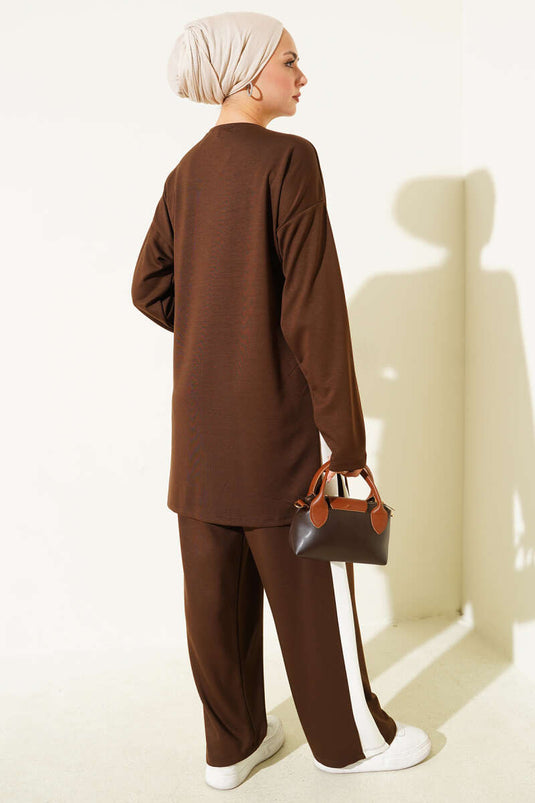 Gold Düğmeli Garnili Loyşa İkili Takım Kahve