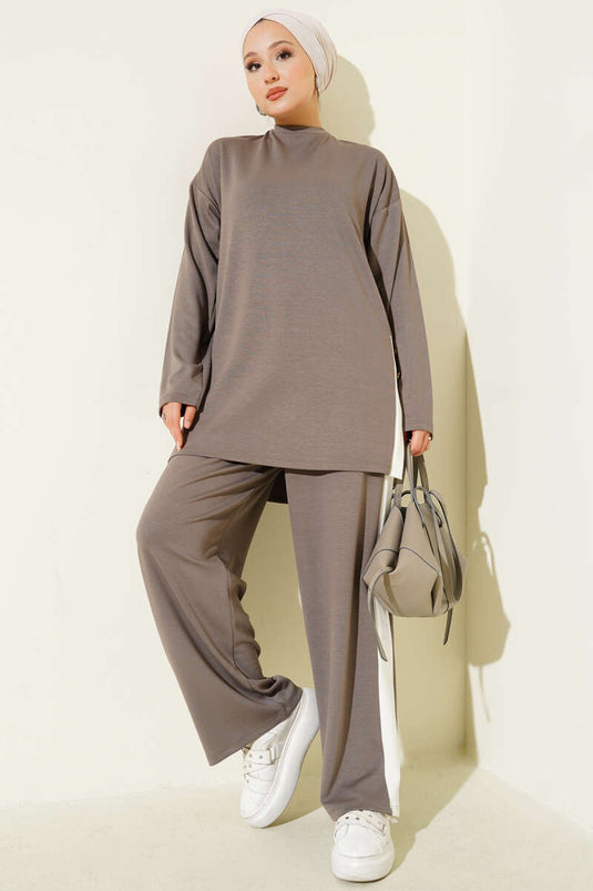 Gold Düğmeli Garnili Loyşa İkili Takım Vizon