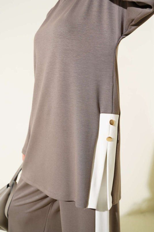 Gold Düğmeli Garnili Loyşa İkili Takım Vizon